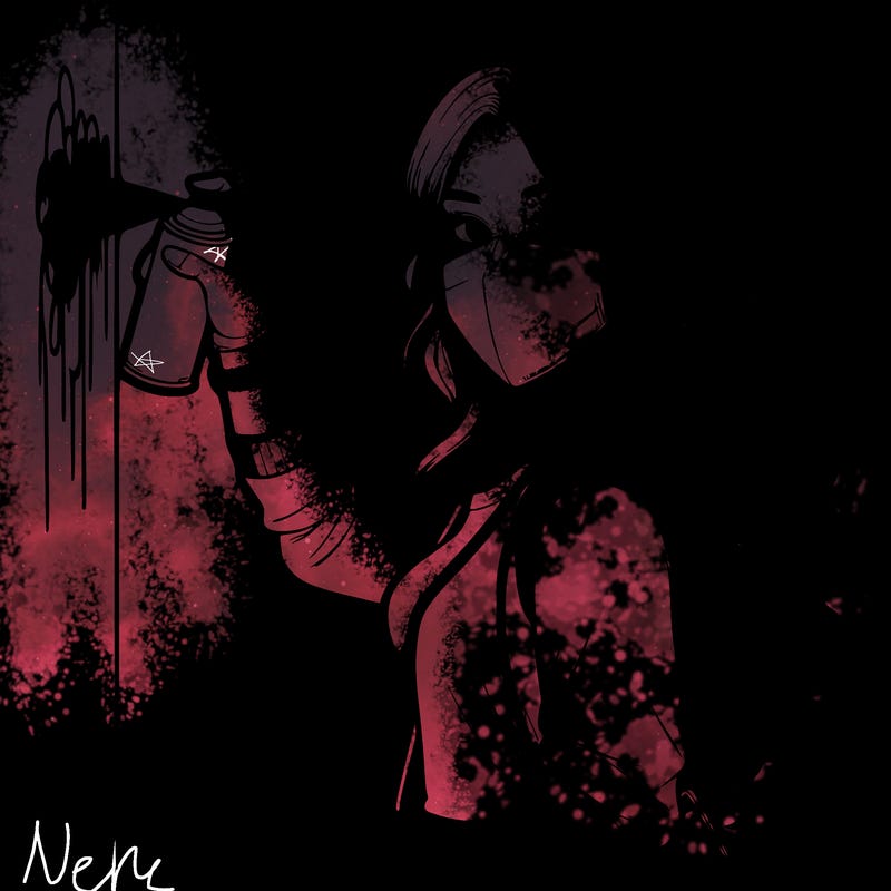 realistic girl with mask spray painting a wall