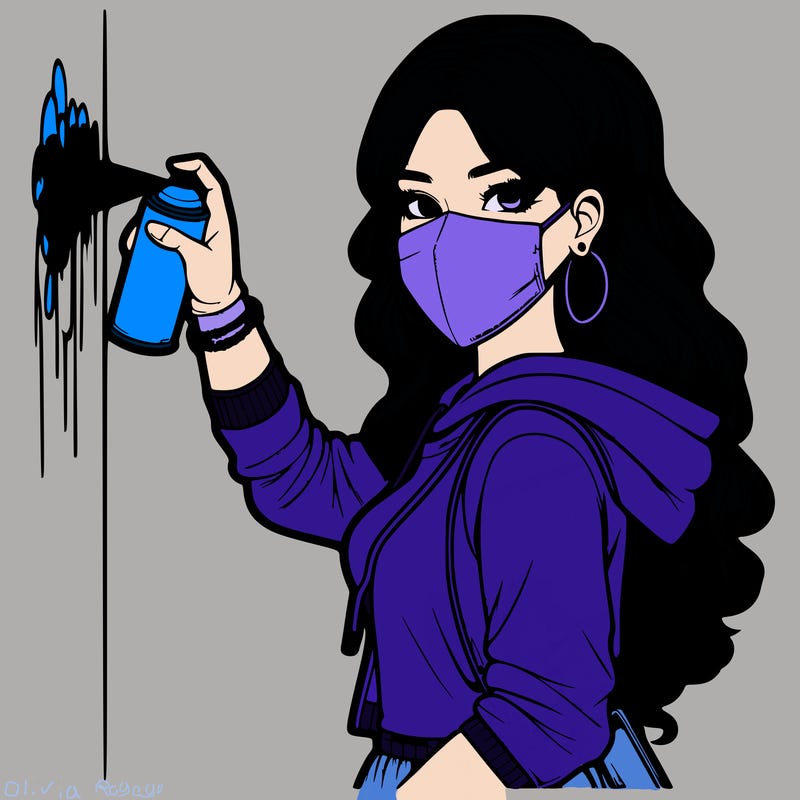 realistic girl with mask spray painting a wall