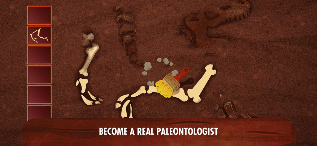 A child using a digital brush to uncover dinosaur bones in a paleontology simulation game