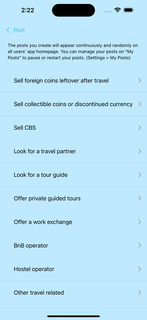 Coin birds - A menu in the Coin birds app showing options to create posts for selling foreign coins, finding travel partners, or offering work exchanges.