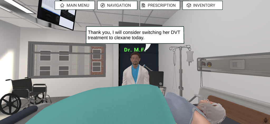 Eine klinische Apothekensimulation, die einen Arzt in einem Krankenhauszimmer zeigt, der eine Änderung der DVT-Medikation für einen Patienten bespricht