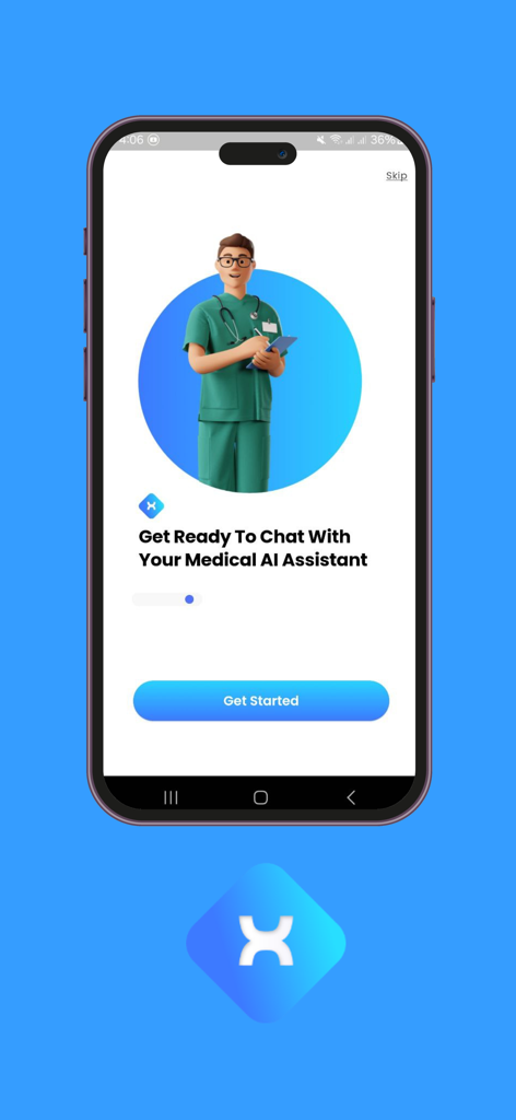 MAIA - Medical AI Assistant - Um telefone celular exibindo a tela de boas-vindas do aplicativo MAIA Medical AI Assistant com um médico em 3D e um botão de início.