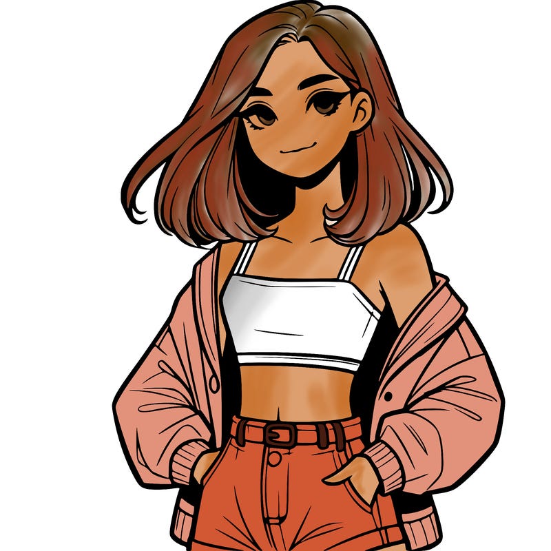 a realistic girl with a crop top and short shorts in an open jacket
