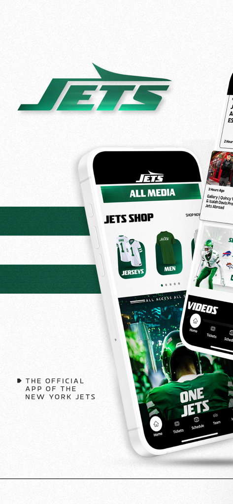 Official New York Jets - Smartphone screen showing the official New York Jets app with sections for media shop and videos