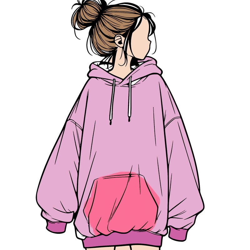 realistic girl with a oversized sweatshirt on and a bun