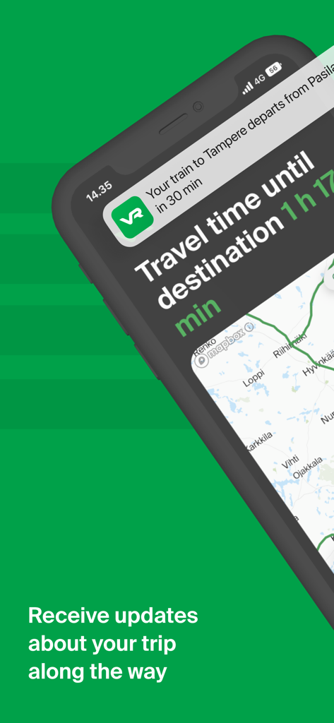 Smartphone-Bildschirm mit einer Benachrichtigung für eine Zugabfahrt und Echtzeit-Reisezeit-Updates in der VR Matkalla App.