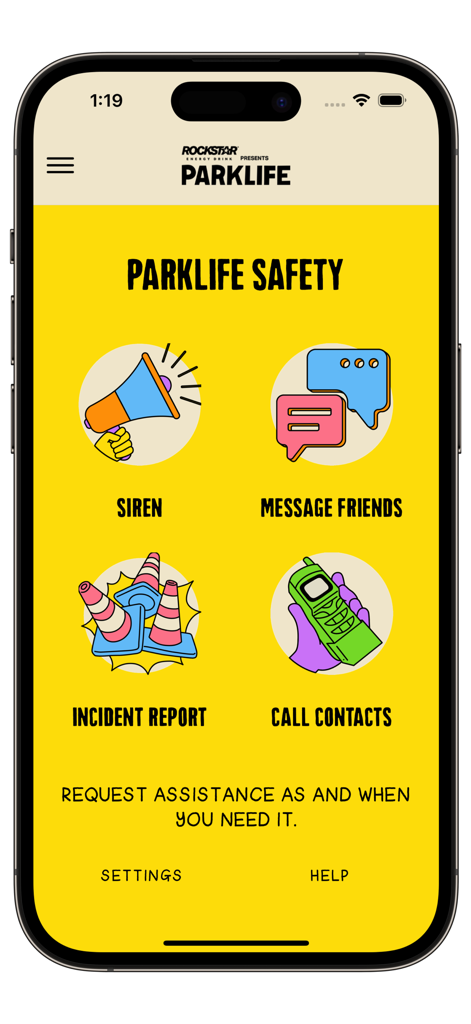 Parklife Festival 25 - Safety features screen of the Parklife Festival 25 app showing options for siren and emergency messaging