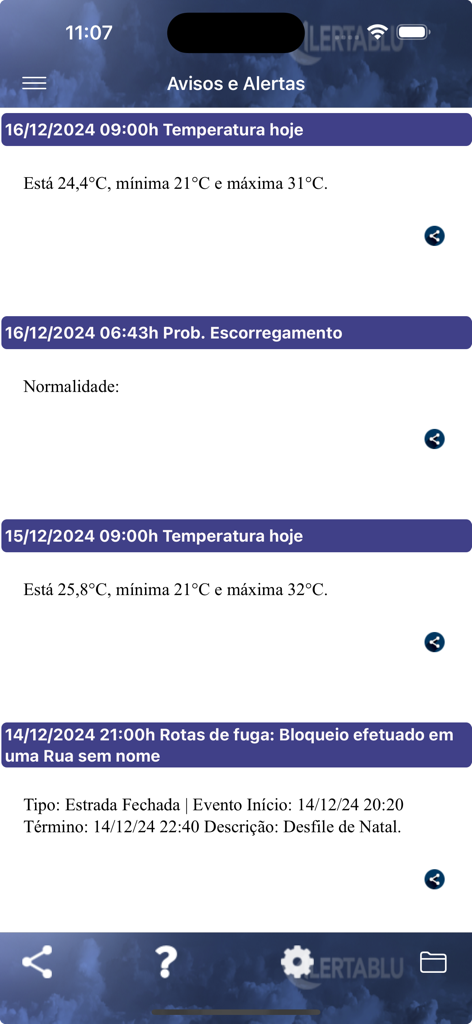 Captura de tela do aplicativo móvel ALERTABLU exibindo um feed de avisos meteorológicos, status de risco de deslizamento e alertas da cidade para Blumenau Brasil