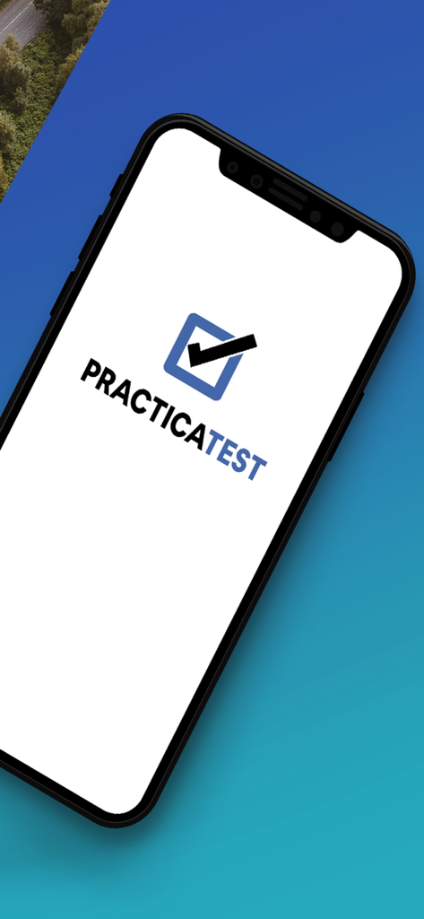 PracticaTest driving exam prep app logo on a mobile screen