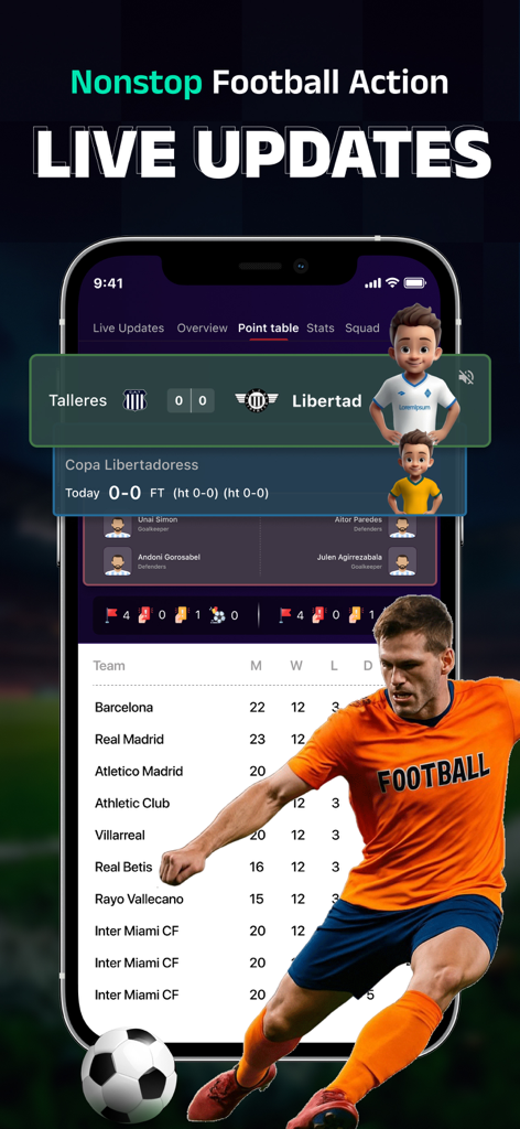 Live Football TV - Live Match - Application FootMantra montrant les mises à jour des scores de football en direct et les classements de la ligue