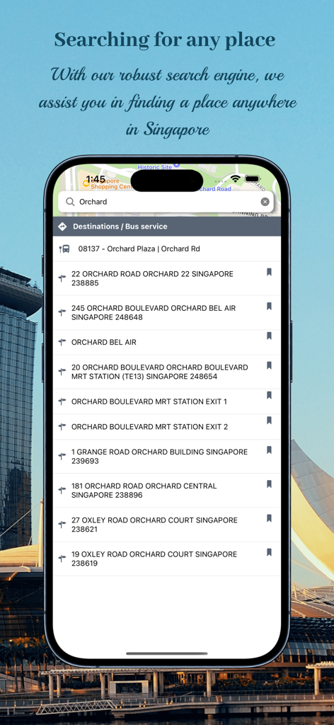 Interfaz de la aplicación Transport SG mostrando una lista de búsqueda de destinos y servicios de autobús en Orchard, Singapur
