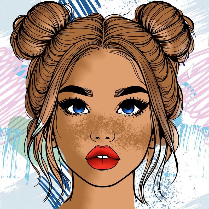 realistic girl with two buns on her hair and lips