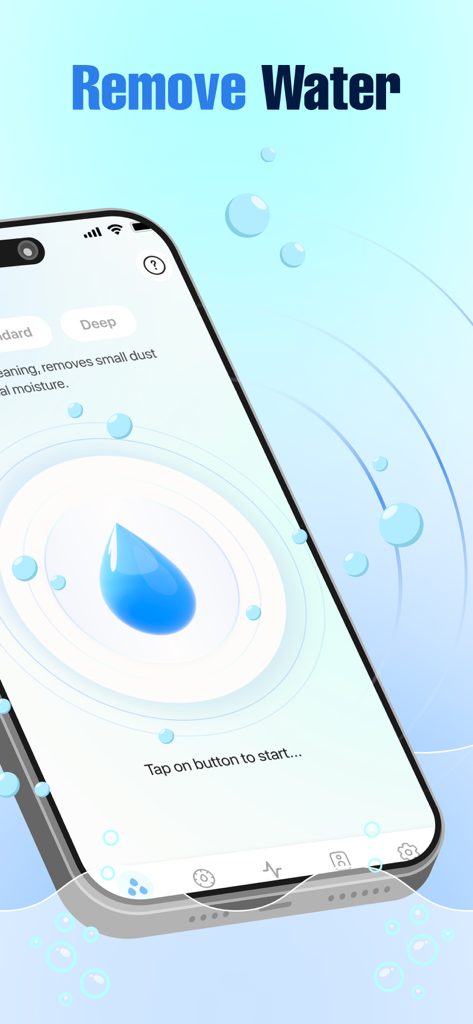Water Eject: Speaker Cleaner. - Una schermata dello smartphone che mostra l'interfaccia dell'app Water Eject con una grande icona a goccia d'acqua per avviare il processo di pulizia degli altoparlanti