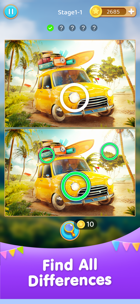 Captura de pantalla del juego Encuentra la Diferencia ¡Obsérvalo! mostrando un coche amarillo en una playa con equipo de viaje