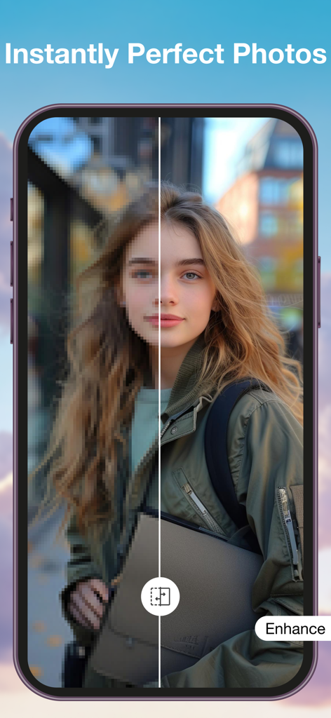 AI Brushmind: Photo Magic - Before and after comparison of a blurry portrait transformed into a high quality image using AI enhancement
