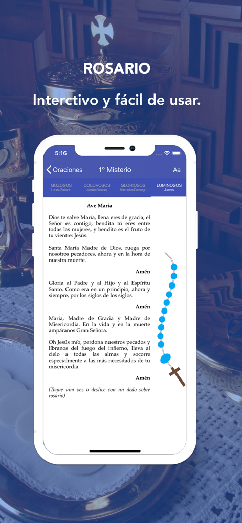 LiturGuia - Captura de pantalla de la app LiturGuia mostrando la función del rosario interactivo con texto de oración en español