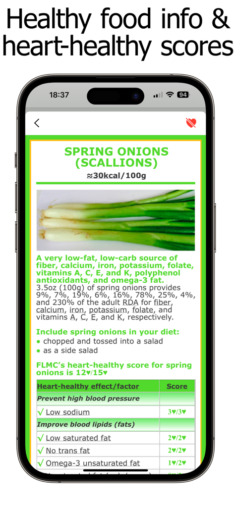 Vitamin K Counter & Tracker - Nutritional data and heart-healthy score for spring onions in the Vitamin K Counter app.