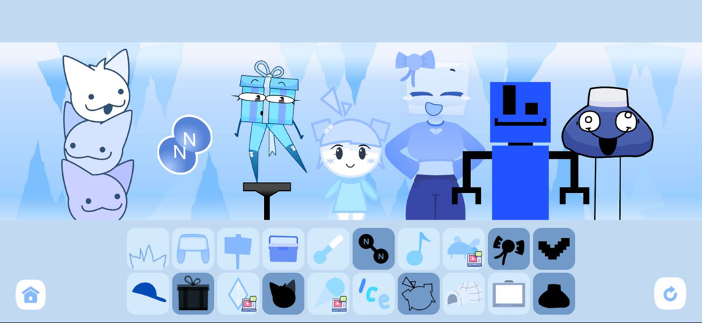 Cool As Ice Idle World Clicker - A lineup of unique frosty cartoon characters and a grid of upgrade icons in the Cool As Ice Idle World Clicker game interface.