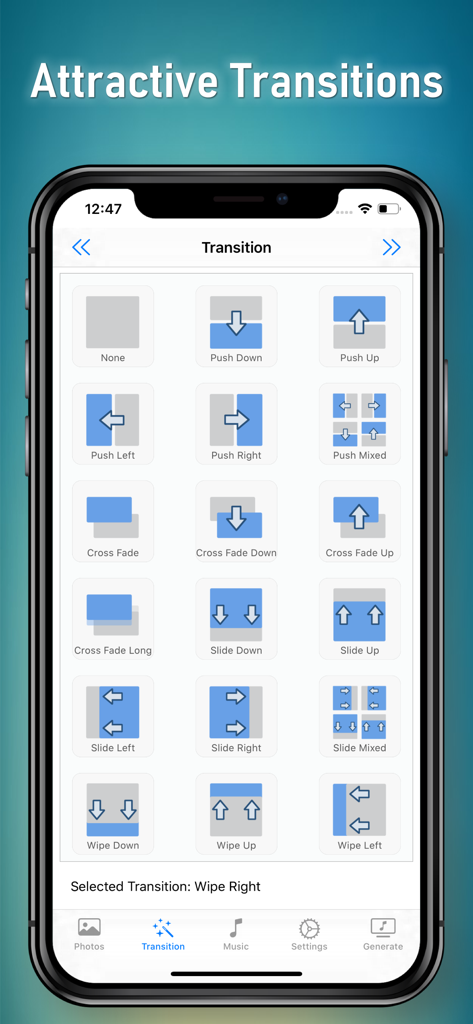 アプリ内のスライドショー遷移効果の選択画面