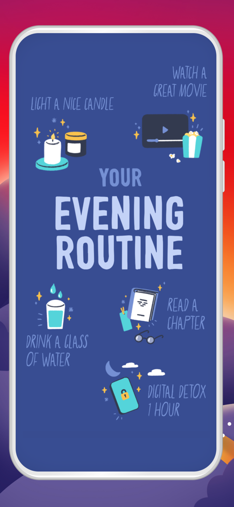 A visual guide of an evening routine within the Fabulous app including habits like reading and drinking water.