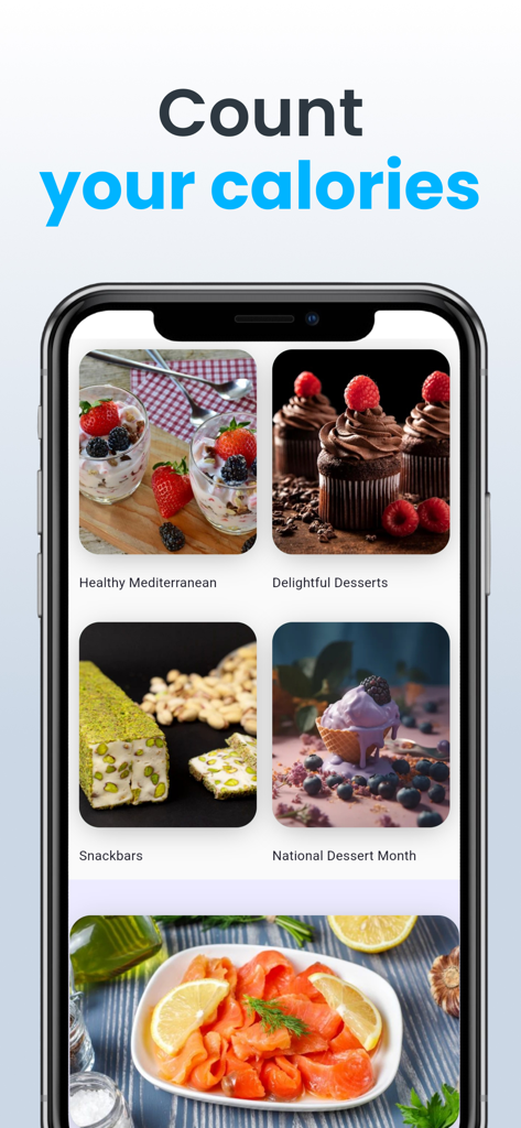 A mobile screen showing DASH diet food categories like Mediterranean and healthy desserts for calorie counting