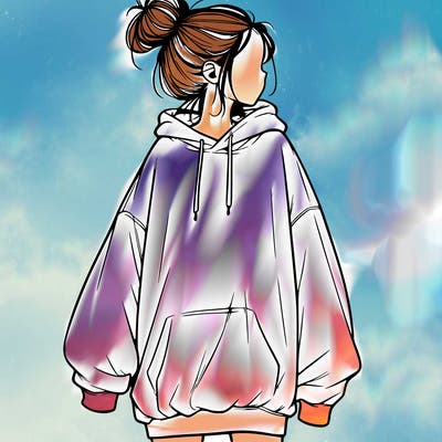 realistic girl with a oversized sweatshirt on and a bun