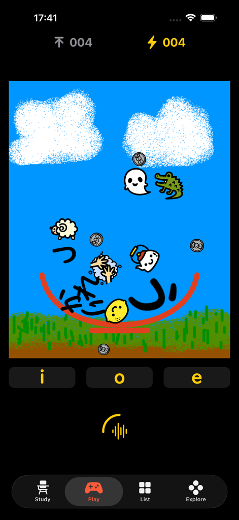 Pantalla de juego de la aplicación KanaKana con caracteres Hiragana y lindas ilustraciones mnemotécnicas.