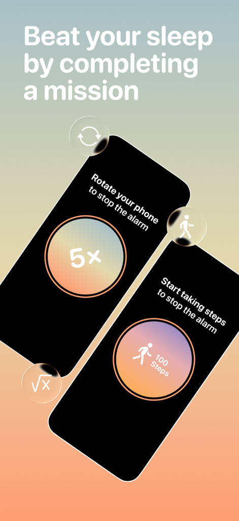 Awake: Smart Alarm Clock - Promotional screen of Awake app showing physical missions like rotating the phone and taking 100 steps to deactivate the alarm.