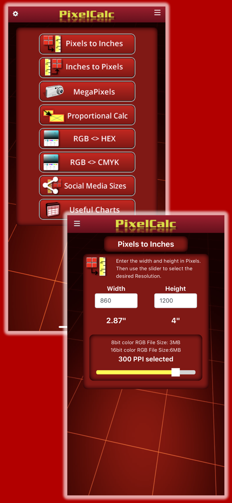 PixelCalc - PixelCalc app interface showing the main menu and the pixel to inch conversion tool with resolution settings.