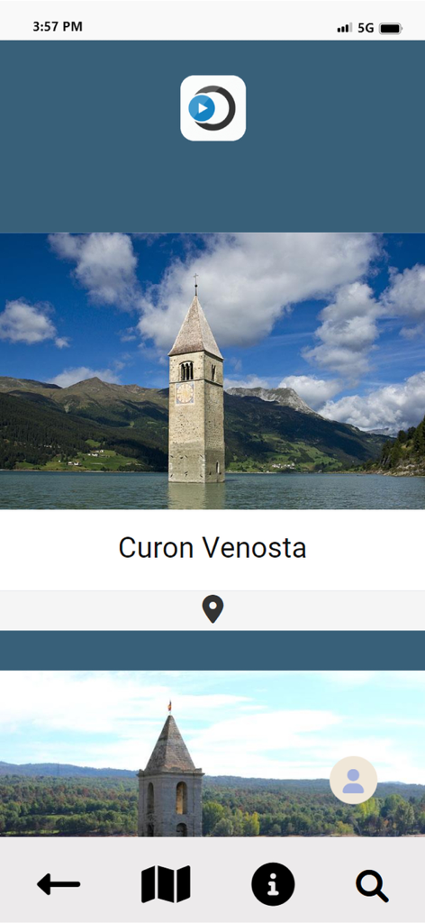 ARtour - ARtour app interface showing the historic sunken bell tower of Curon Venosta in Italy