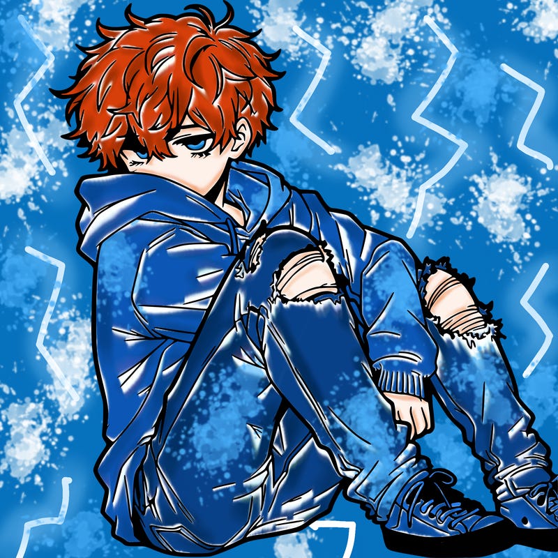 a male hoddie ripped jeans messy hair anime