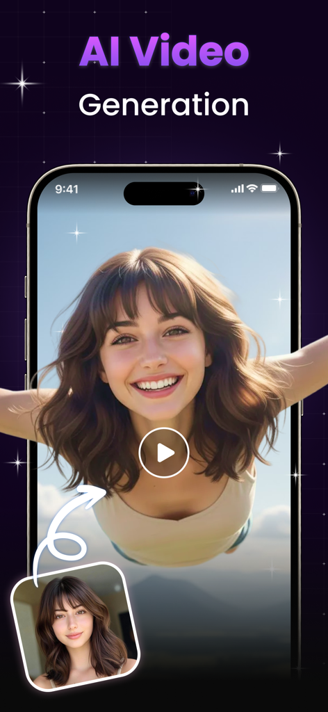 AI Photo Enhancer - AI Enhance - AI 비디오 생성 기능이 초상화 사진을 미소 짓는 여성이 날아가는 애니메이션 비디오로 변환하는 것을 보여주는 스마트폰 화면