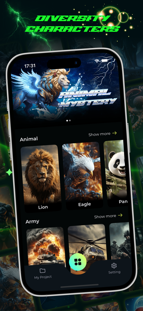 Animal Fusion & Mix Character - Mobile app interface for Animal Fusion showing animal and army categories for character creation