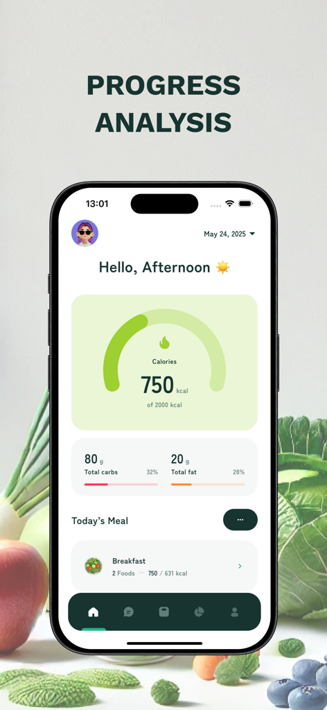 Dashboard di Nutrio Ai che mostra i progressi calorici giornalieri e l'analisi dei macronutrienti su uno schermo di smartphone.