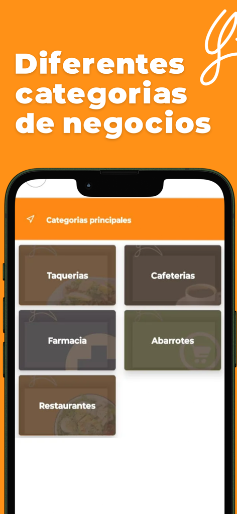yumm - yumm mobile app screen displaying business categories for food and grocery delivery in Spanish