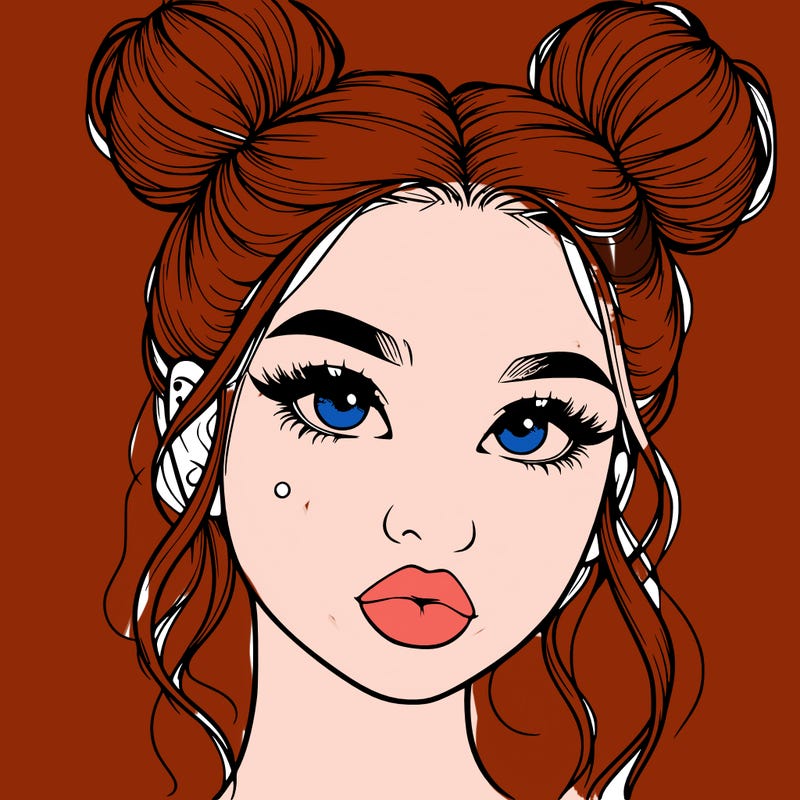 realistic girl with two buns on her hair and lips