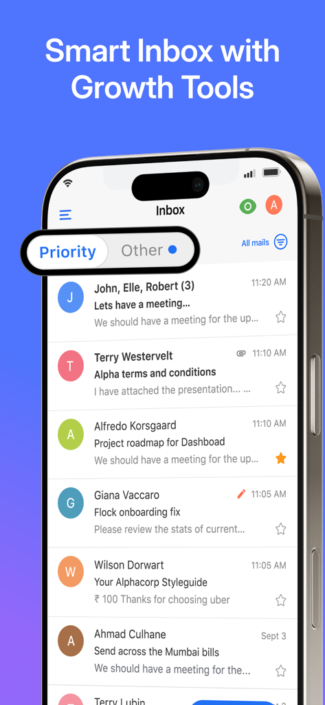 Neo Email & AI Site Creator - Boîte de réception intelligente de l'application Neo présentant des onglets de priorité et d'autres e-mails.