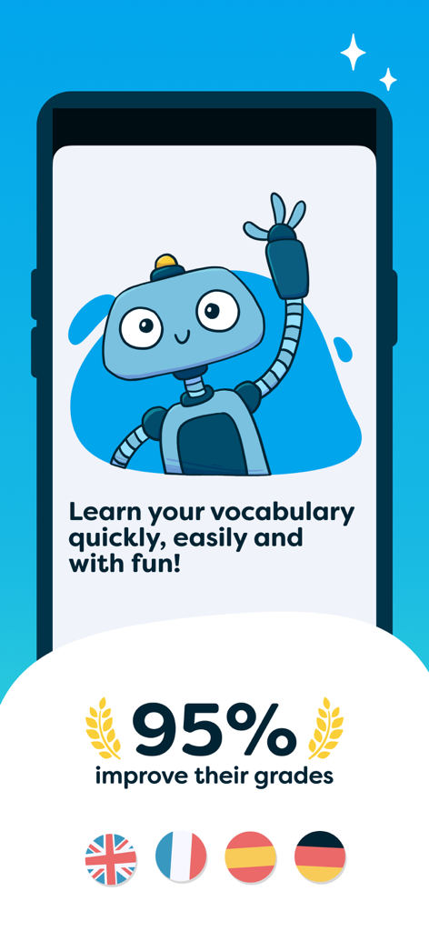 cabuu - Learn vocabulary - A friendly robot mascot on the cabuu app screen stating that ninety five percent of users improve their grades.