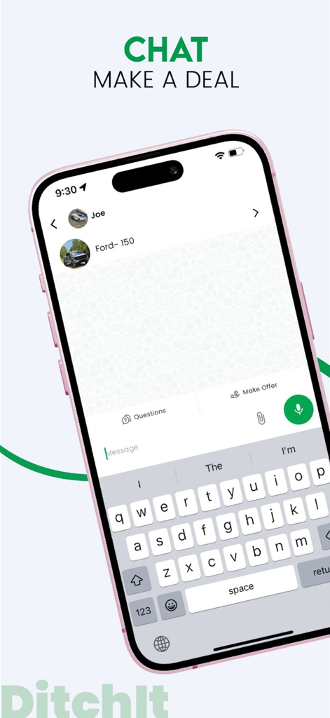 DitchIt app chat screen showing a conversation between a buyer and seller with an option to make an offer on a vehicle