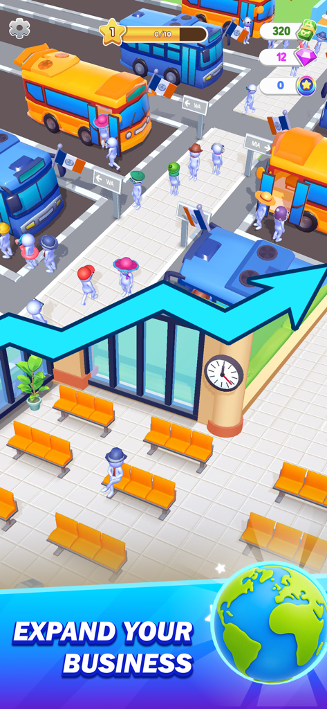 Terminal Master - Bus Tycoon - Gameplay screenshot of Terminal Master showing a busy bus station with growth indicators and text saying Expand Your Business
