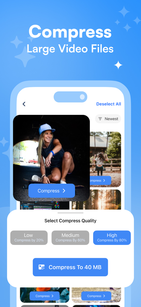 Interfaccia dell'app iCleanup per comprimere file video di grandi dimensioni con opzioni di selezione della qualità