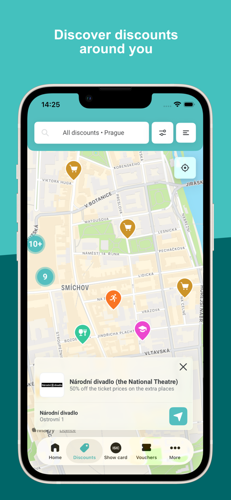 Interfaz del mapa de la app ISIC mostrando descuentos para estudiantes y ofertas basadas en la ubicación en Praga