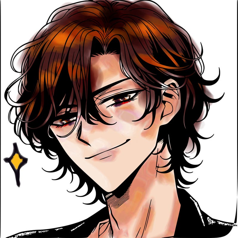 a manhwa style of a 21 year old male with waist length hair and a smirk on his face with a mischievous look in his eyes