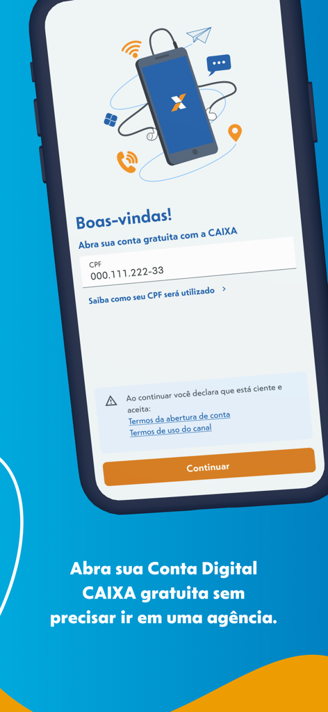 Pantalla de bienvenida de la aplicación CAIXA para abrir una cuenta digital gratuita con un campo de entrada de CPF.