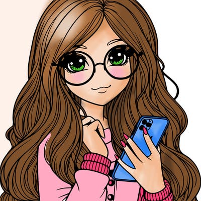 girl with long hair glasses with a phone in her hand realistic