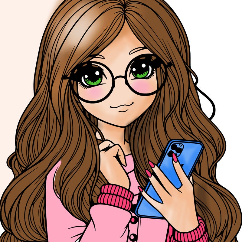 girl with long hair glasses with a phone in her hand realistic