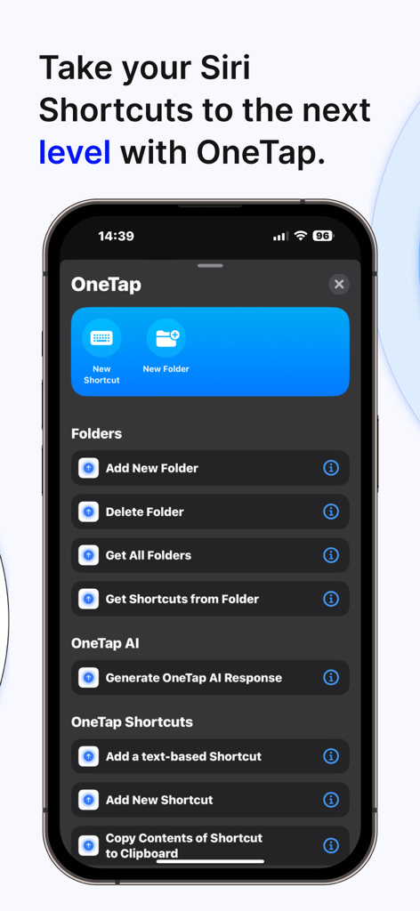 OneTap-App-Oberfläche, die Siri Shortcuts-Integration für die Verwaltung von Zwischenablagen und Ordnern auf einem iPhone zeigt