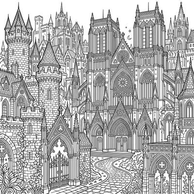Step into a world of dramatic beauty with this stunning Gothic architecture coloring page. Featuring an intricate full-scene landscape of towering cathedrals and mysterious castles, it offers a captivating artistic challenge.
