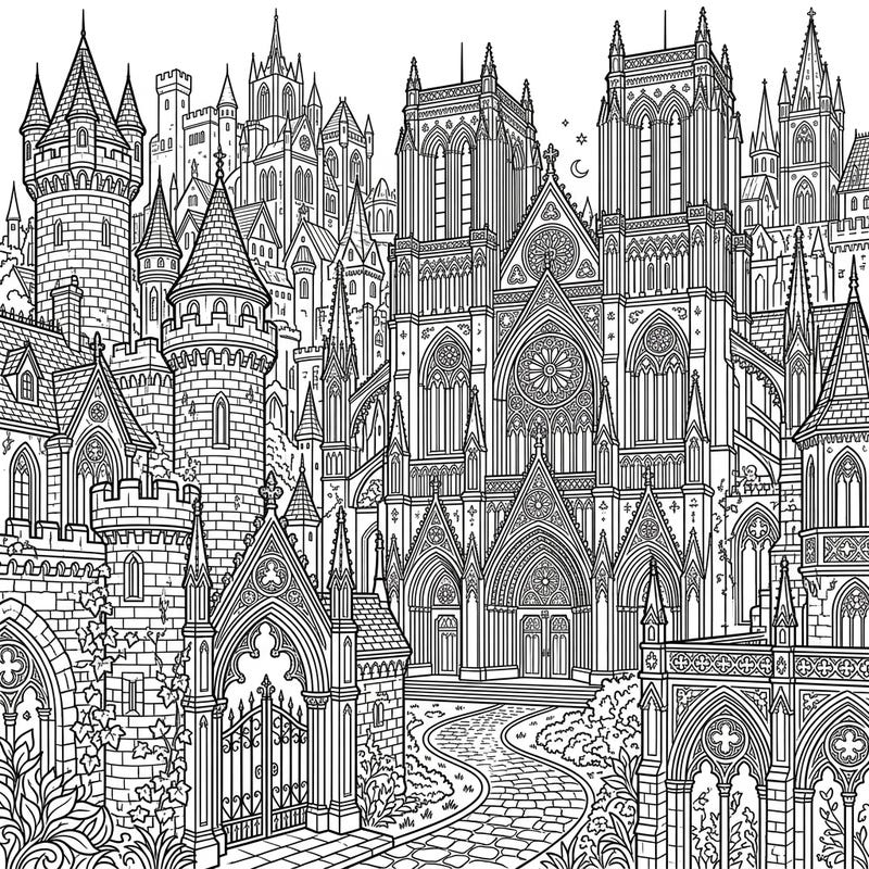 Step into a world of dramatic beauty with this stunning Gothic architecture coloring page. Featuring an intricate full-scene landscape of towering cathedrals and mysterious castles, it offers a captivating artistic challenge.