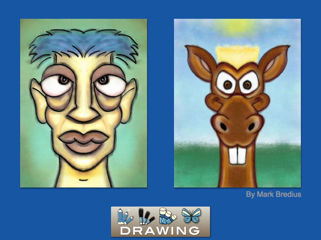 Drawing Box - Two colorful symmetrical digital illustrations of a face and an animal created in the Drawing Box app